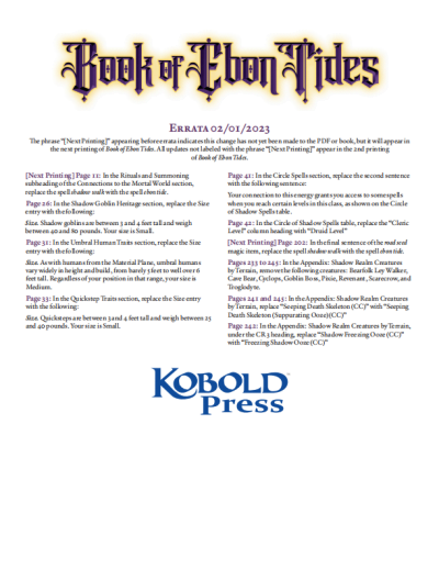 Book of Ebon Tides Errata Sheet