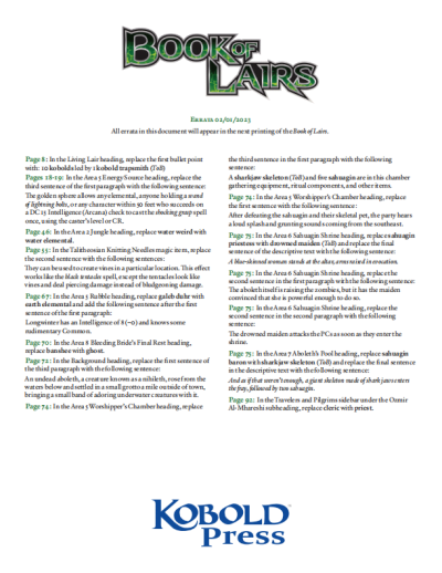 Book of Lairs Errata Sheet