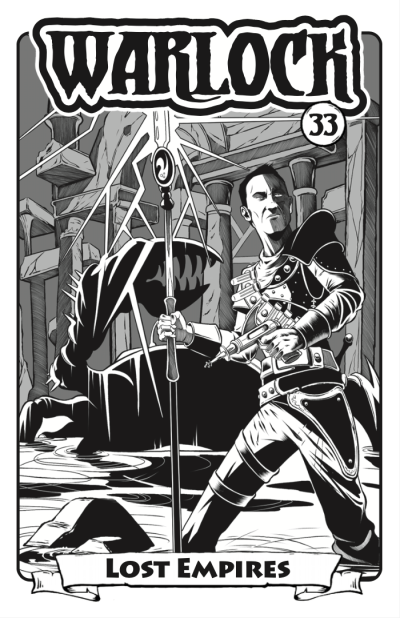 Hero with lightning staff and ray gun stands in ruins