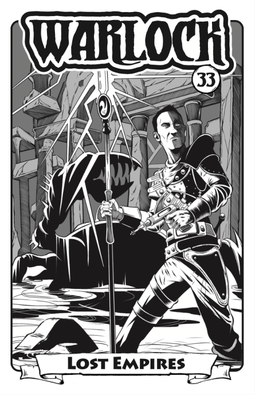 Hero with lightning staff and ray gun stands in ruins