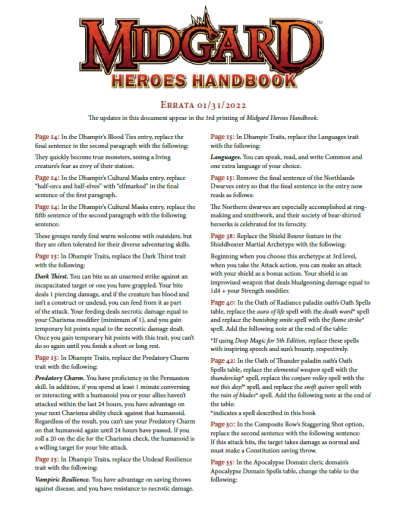 Midgard Heroes Handbook for 5th Edition Errata Sheet (PDF)