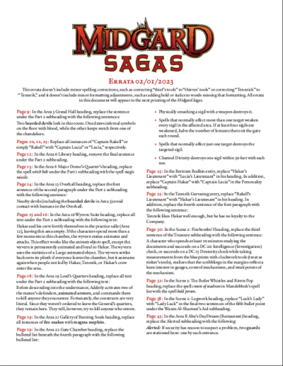 Midgard Sagas Errata Sheet