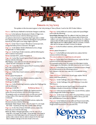 Tome of Beasts 3 Errata Sheet