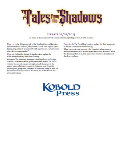 Tales from the Shadows Errata Sheet