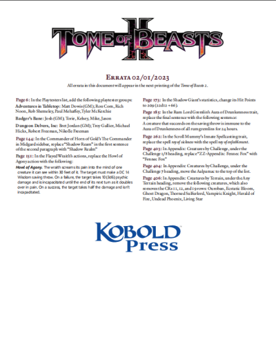 Tome of Beasts 2 Errata Sheet