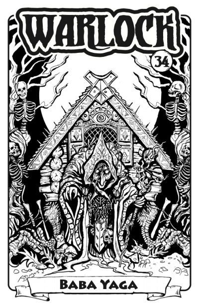 Baba Yaga standing in front of her dancing hut