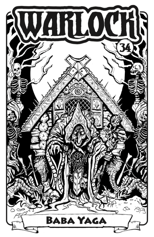 Baba Yaga standing in front of her dancing hut